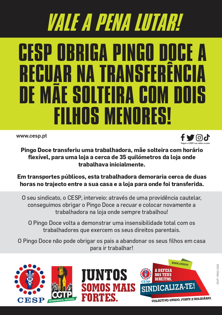 CESP OBRIGA PINGO DOCE A RECUAR NA TRANSFERÊNCIA DE MÃE SOLTEIRA COM DOIS FILHOS MENORES!
