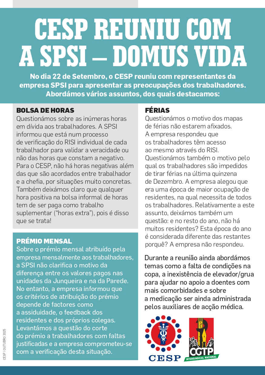 CESP REUNIU COM A SPSI – DOMUS VIDA