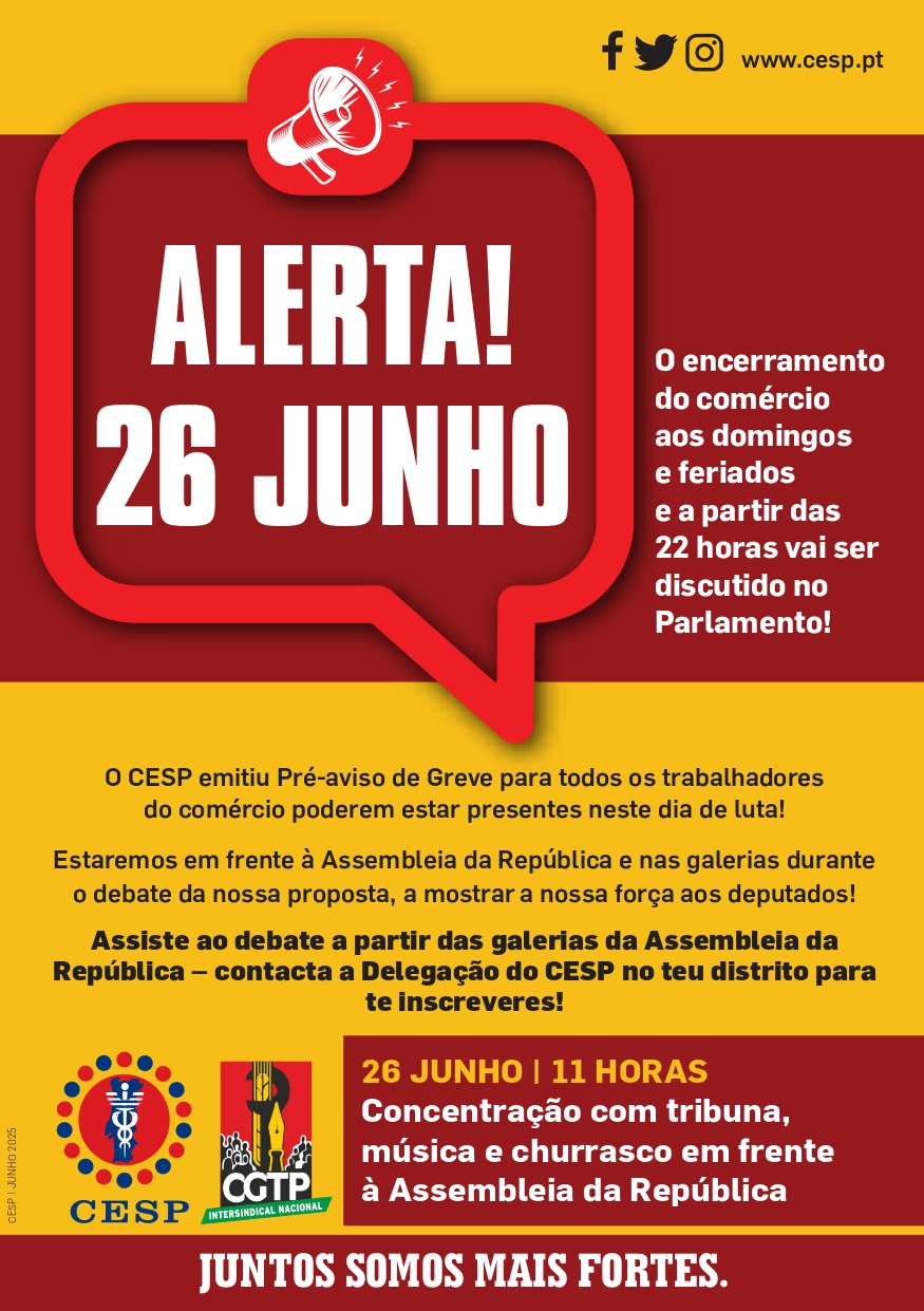 ALERTA! 26 JUNHO: O encerramento do comércio aos domingos e feriados e a partir das 22 horas vai ser discutido no Parlamento!