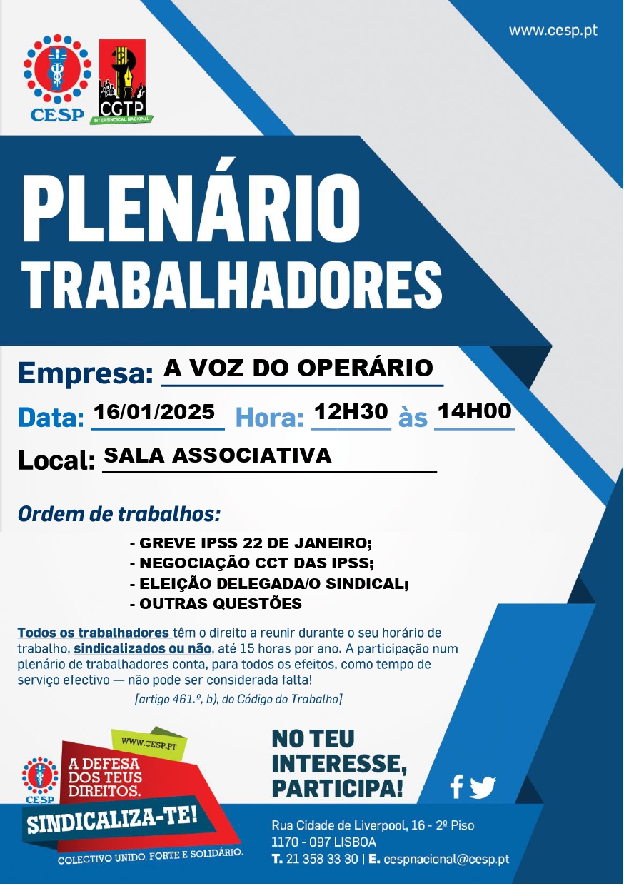 16 JANEIRO | PLENÁRIO DE TRABALHADORES | A VOZ DO OPERÁRIO