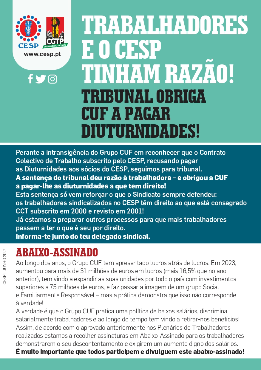 TRABALHADORES E O CESP TINHAM RAZÃO! TRIBUNAL OBRIGA CUF A PAGAR DIUTURNIDADES!