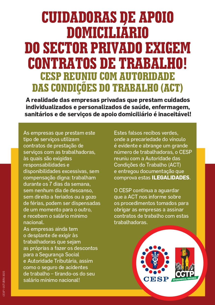 CUIDADORAS DE APOIO DOMICILIÁRIO DO SECTOR PRIVADO EXIGEM CONTRATOS DE TRABALHO! CESP REUNIU COM AUTORIDADE DAS CONDIÇÕES DO TRABALHO (ACT)