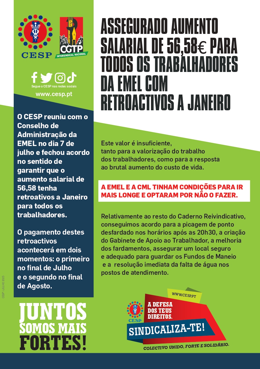 ASSEGURADO AUMENTO SALARIAL DE 56,58€ PARA TODOS OS TRABALHADORES DA EMEL COM RETROACTIVOS A JANEIRO