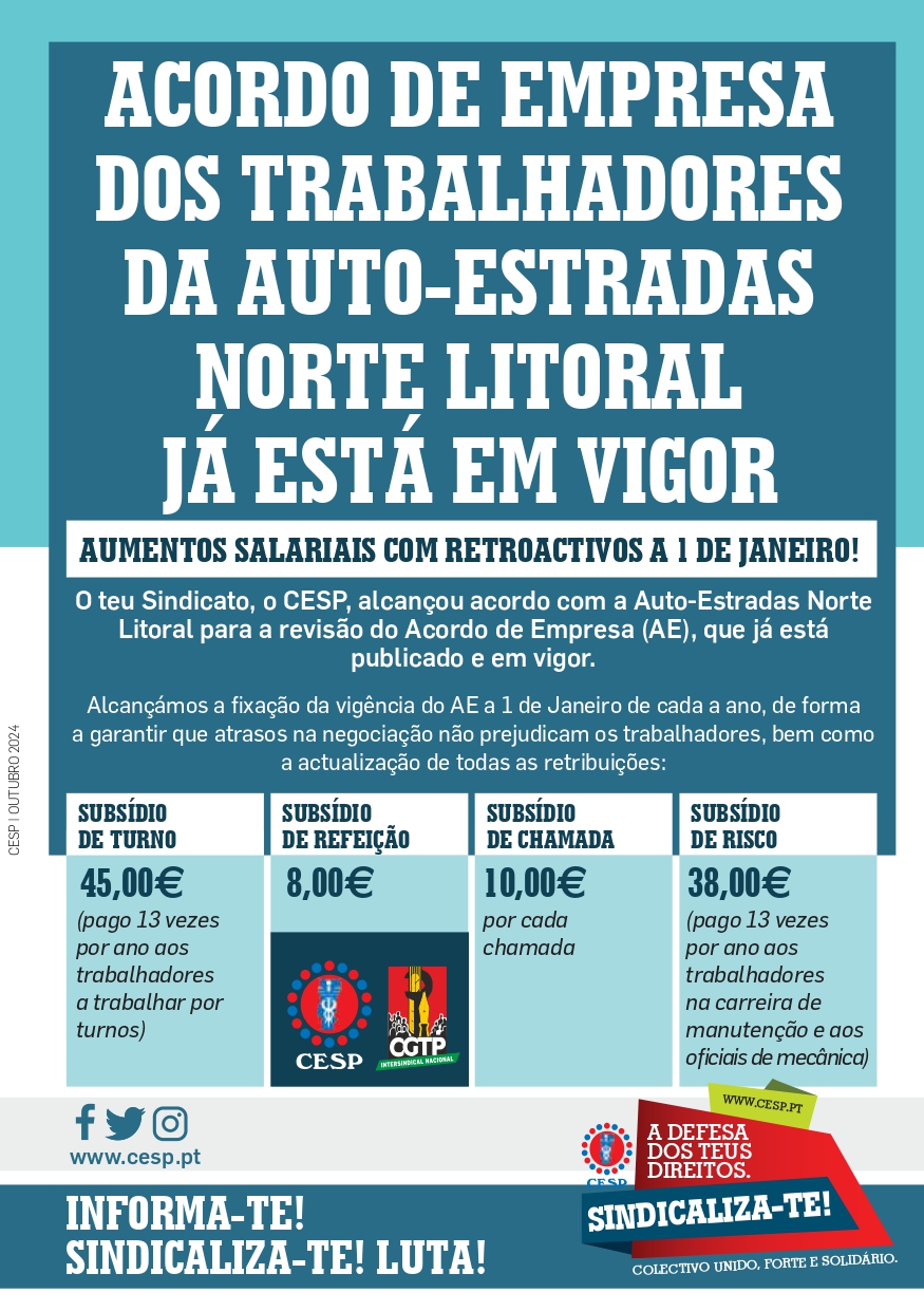 ACORDO DE EMPRESA DOS TRABALHADORES DA AUTO-ESTRADAS NORTE LITORAL JÁ ESTÁ EM VIGOR
