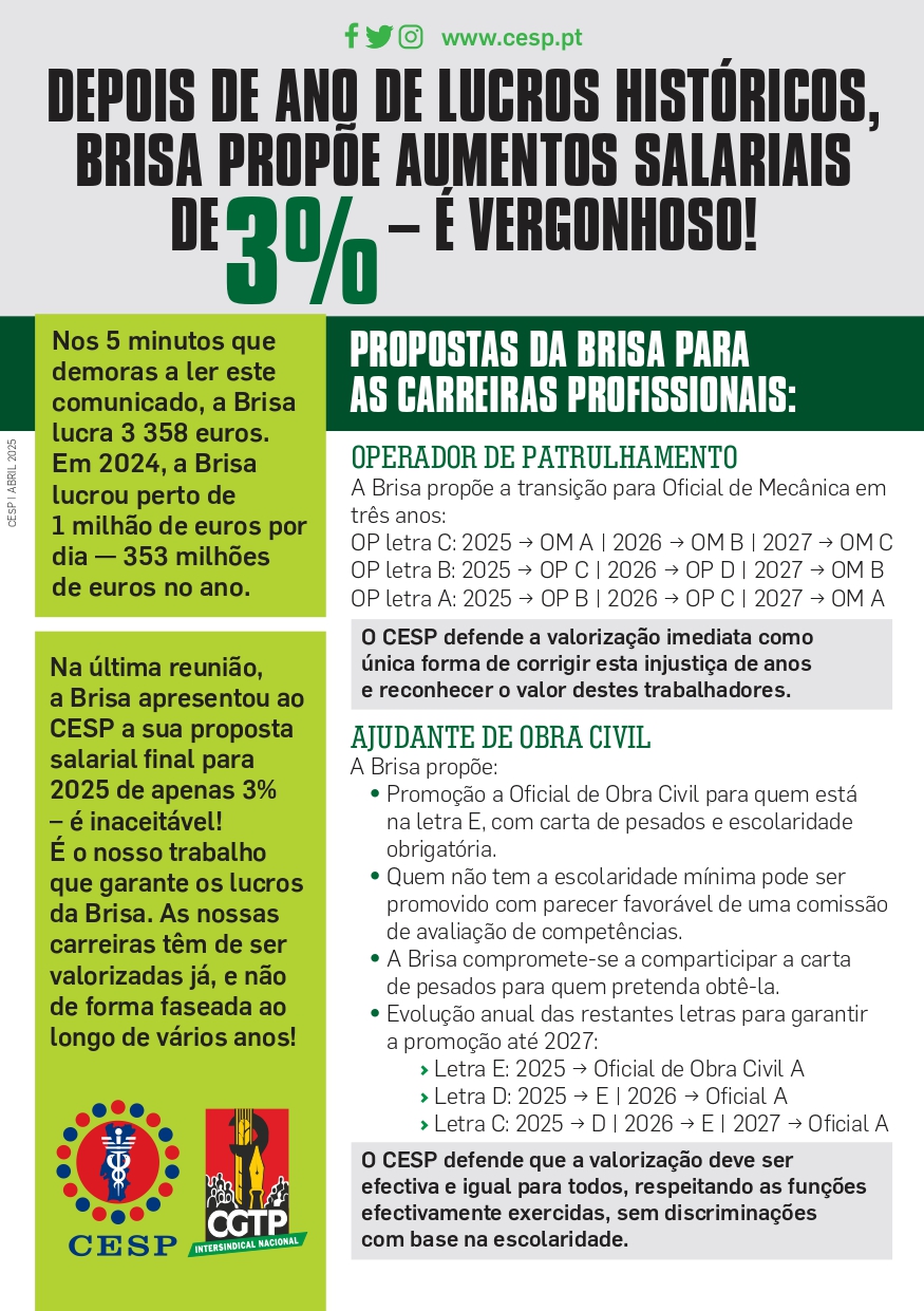 DEPOIS DE ANO DE LUCROS HISTÓRICOS, BRISA PROPÕE AUMENTOS SALARIAIS DE 3 % – É VERGONHOSO!