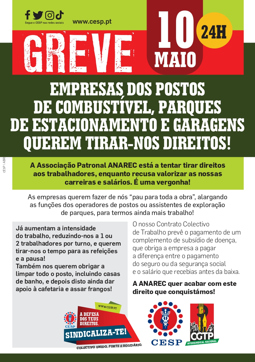 GREVE | 10 MAIO | EMPRESAS DOS POSTOS DE COMBUSTÍVEL, PARQUES DE ESTACIONAMENTO E GARAGENS QUEREM TIRAR-NOS DIREITOS!
