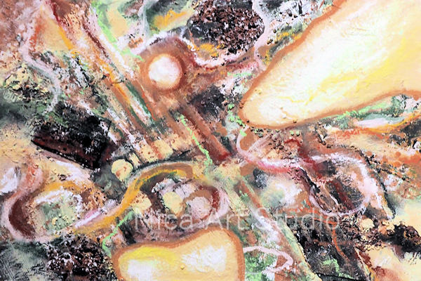 Farben der Natur 1, 2021, 30 x 20 cm, Acrylmalerei mit Stoff, Sand und Pastell Kreide, MDF