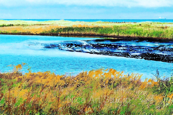 Küstenlinie mit Wiesen, 2019, 30 x 20 cm, Fotografie mit Ölfarbe