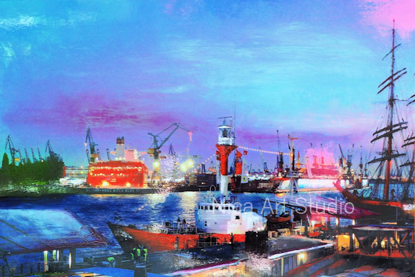 Blaue Stunde am Hafen, 2019, 30 x 20 cm, Fotografie mit Ölfarbe