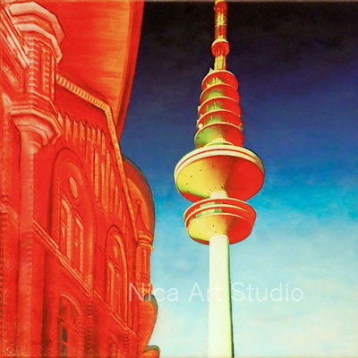 Messe und Turm, 2019, 40 x 40 cm, Leinwanddruck mit Acrylmalerei, UV- Schutz