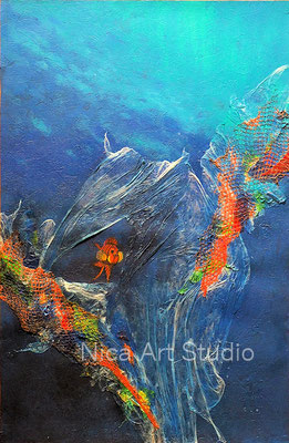Leben im Meer, 2020, 59,5 cm x 91,5 cm, Acrylmalerei mit Collage und Leuchtfarben (fluoreszierend), s. Aktuell