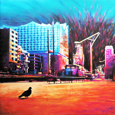 Hamburg im Lockdown, 2020, 50 x 50 cm, Leinwanddruck mit Acrylmalerei, Pastell Kreide, Galerie KuRa