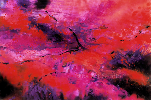 Rot-pink-lila Abstraktion, 2021, 45 x 30 cm, Ölmalerei auf Fotografie