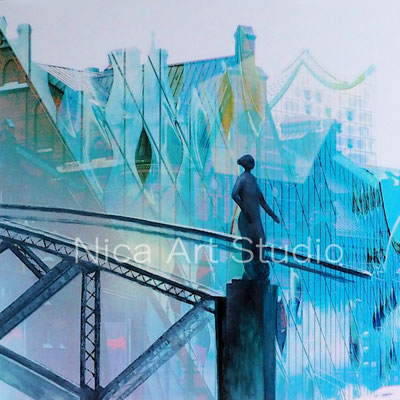 Brooksbrücke & Elphifassade, 2018, 60 x 60 cm, Alu Dibond Druck mit Ölfarbe, in der Galerie KuRa Hamburg