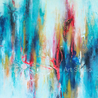Fading stream, 2018, 100 x 100 cm, Acrylmalerei mit Collage und Spray auf Leinwand