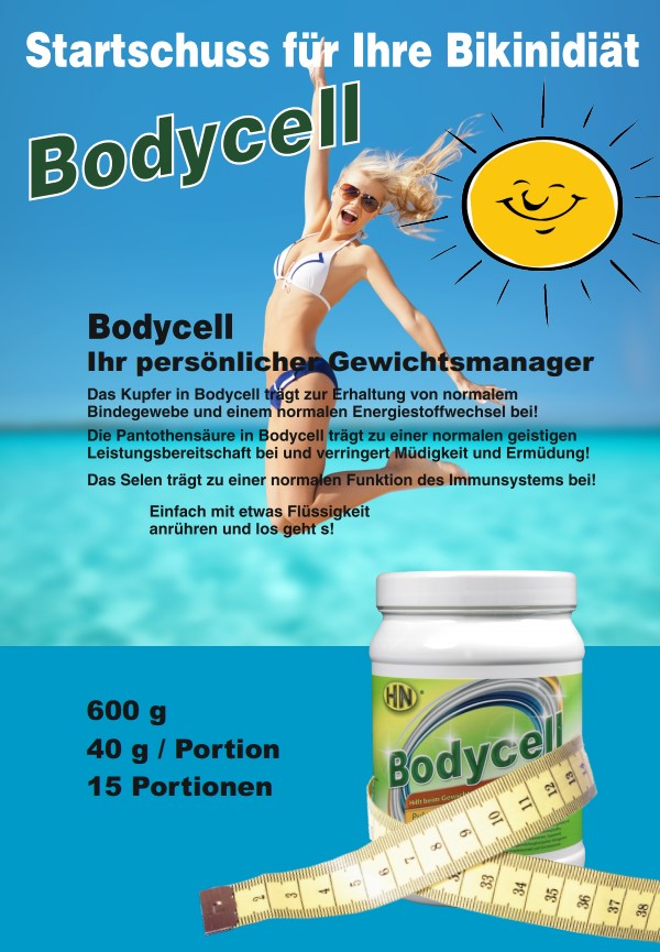 Frau im Bikini springt in der Luft und weiße Packung mit HN-Logo und Aufschrift Bodycell Pulver