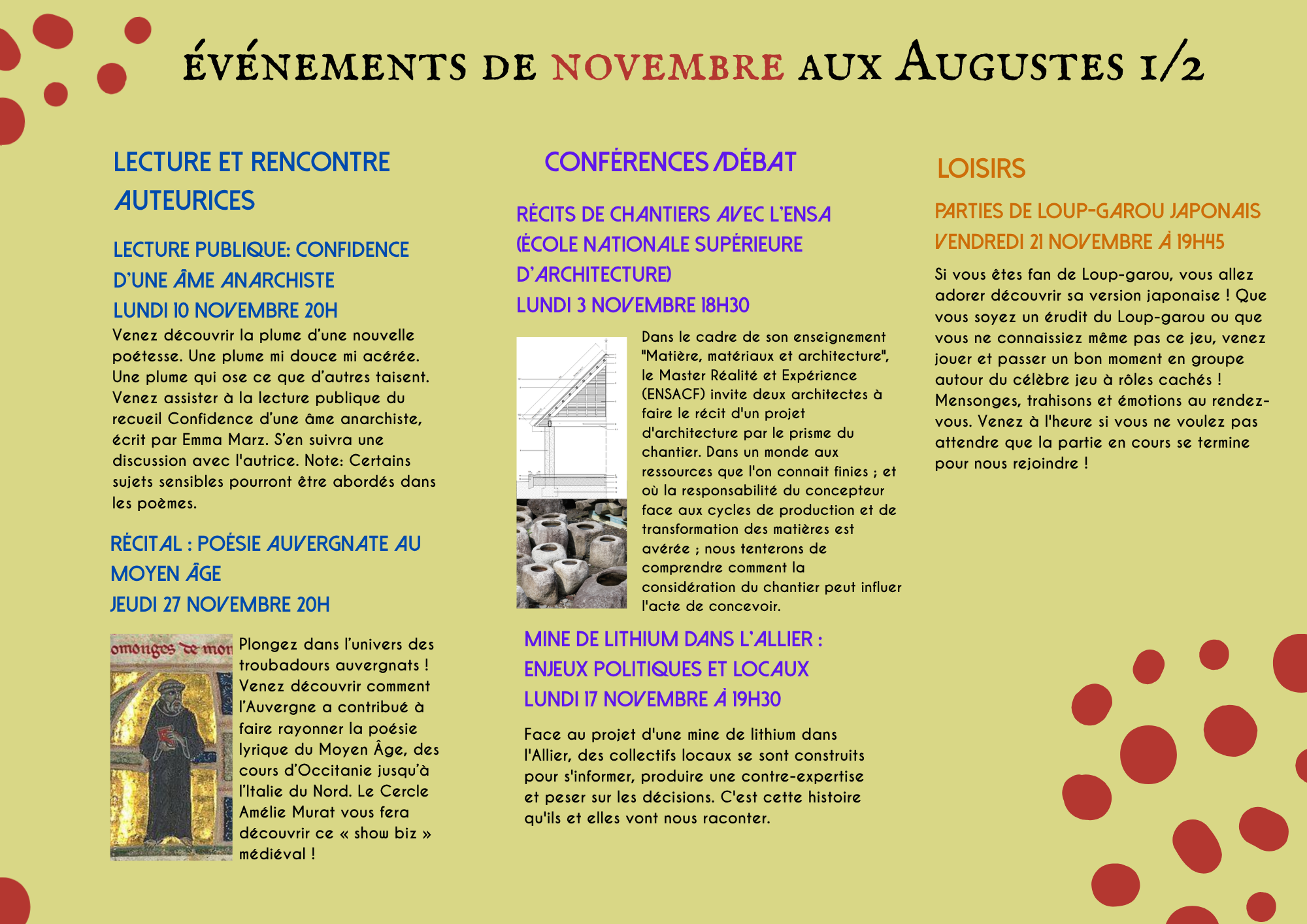 Événements de novembre aux Augustes