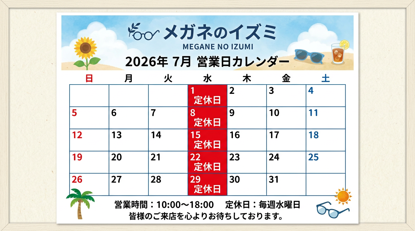 【営業日のご案内】2026年7月の定休日・営業時間のお知らせ