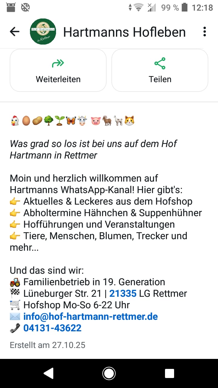 Folgt uns auf unserem WhatsApp-Kanal "Hartmanns Hofleben"