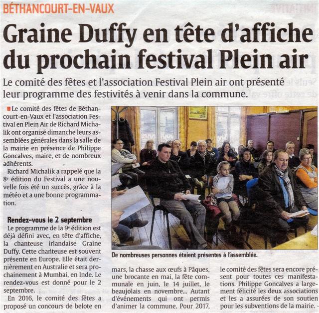 Article de presse : L'Aisne Nouvelle. GRAINNE DUFFY est annoncée lors de l'assemblée générale mais pour divers raison, elle a était remplacé par une autre tête d'affiche : LAURA COX BAND.