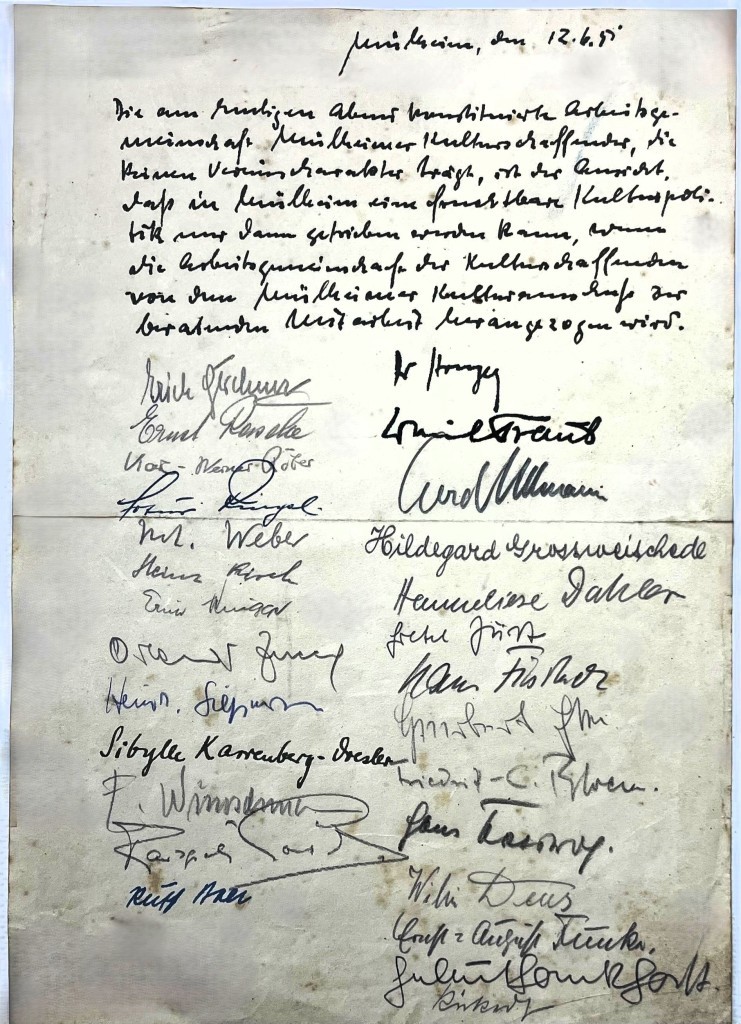 1951 fand sich die freie Mülheimer Künstlerschaft zusammen - ohne "Vereinscharakter" die Kunstszene in Mülheim zu gestalten: (Musik, Theater und bildende Kunst