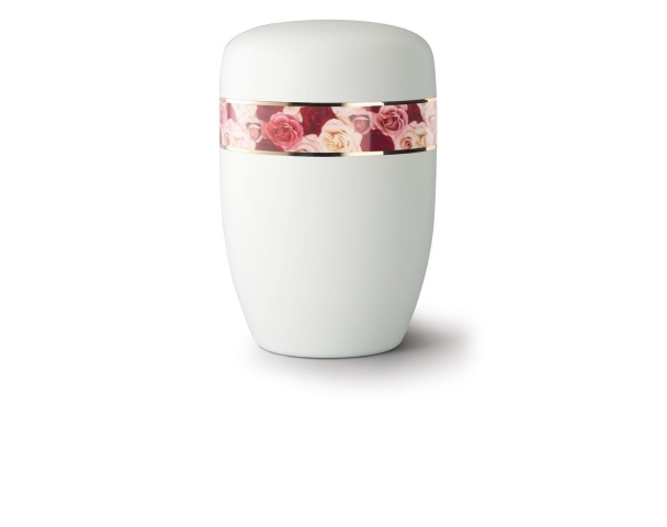 Nr. 13F - Weiß satinierte Stahlurne mit umlaufendem Zierband und Motiv: Rosen