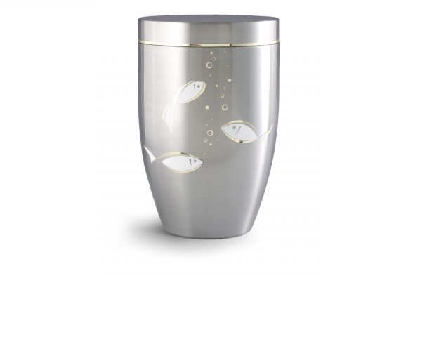 Nr. 2713 - Gebürstete Stahlurne mit Goldlaminat und Motiv: Fische
