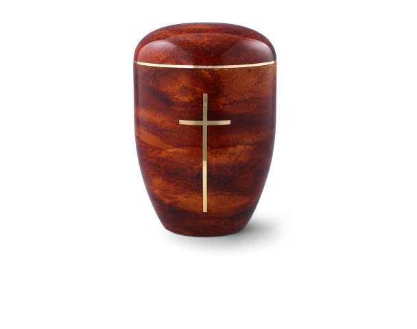 Urne mit Rosenholz-Oberfläche und Messingemblem: Kreuz