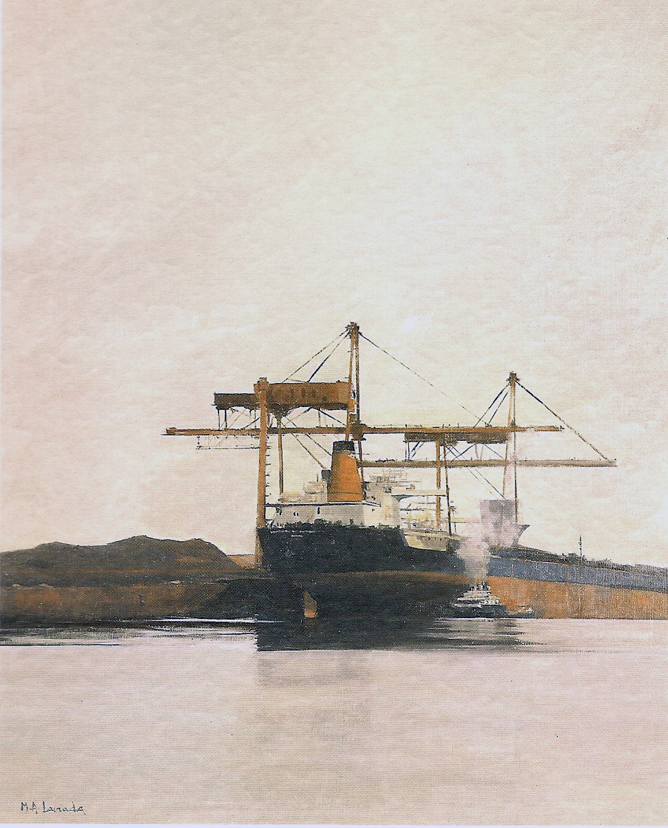 El "Castillo de Quermensó en el Puerto de El Musel" Gijón 1994. Óleo sobre tabla 65x53 cm.