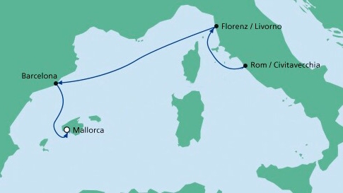 Die Route ab Civitavecchia bis Palma de Mallorca