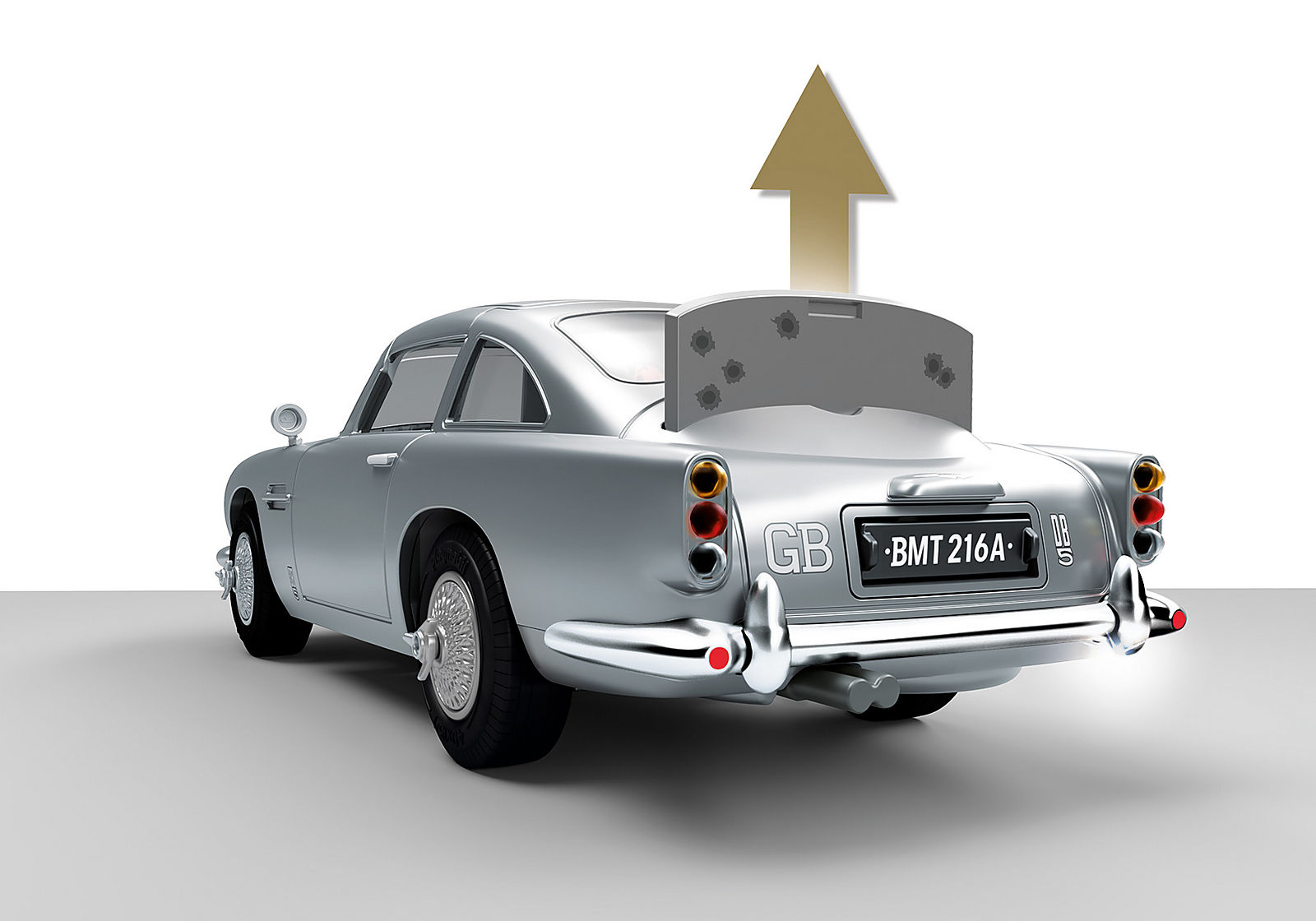 ASTON MARTIN DB5 JAMES BOND PLAYMOBIL – ÉDITION GOLDFINGER - Bouclier pare-balles à l’arrière du véhicule.