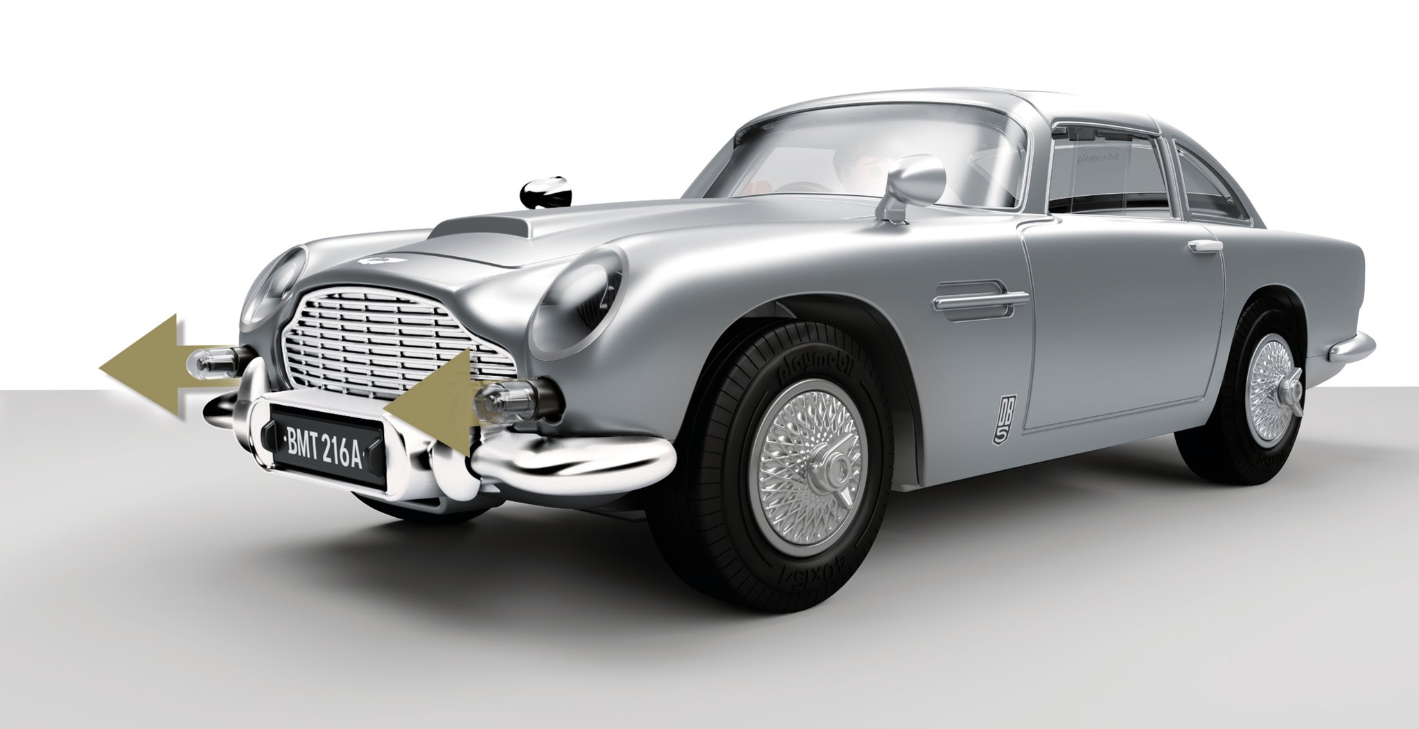 ASTON MARTIN DB5 JAMES BOND PLAYMOBIL – ÉDITION GOLDFINGER - Mitraillettes derrière les clignotants avant.