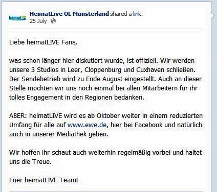 Statusmeldung von heimatLIVE auf Facebook