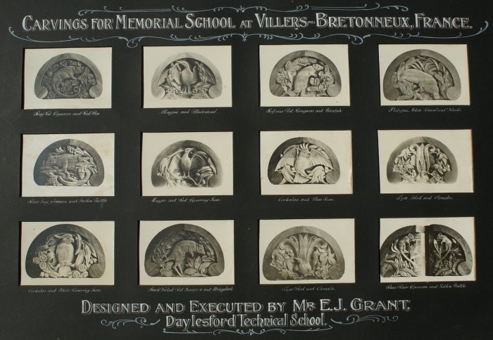 (DR) A photograph of a large mounted display of John Grant's 12 carvings before they were packed and sent to France. Photo: Courtesy Dr Lachlan Grant