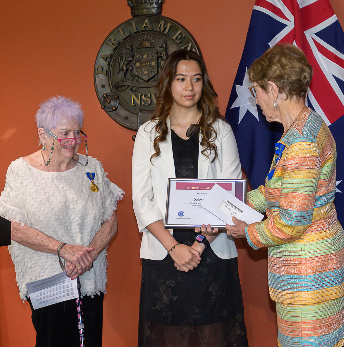 Daisy Grady receiving Pat Keill OAM Award from Her  Excellency (right) and Annie Kiefer from Country Women's Association