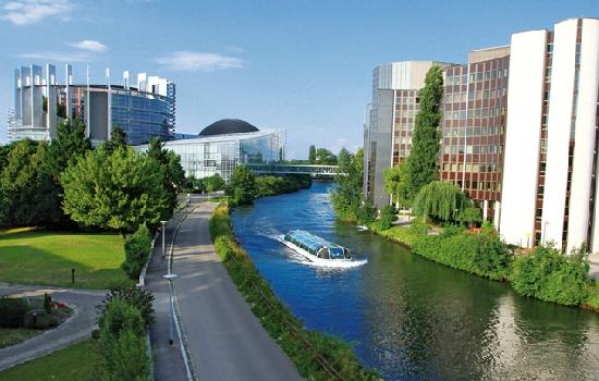 Géoénergies & Aquae Vision a adopté une famille de canards sur l'Ill à Strasbourg pour soutenir l'association Rêves. Vue sur le Parlement Européen.