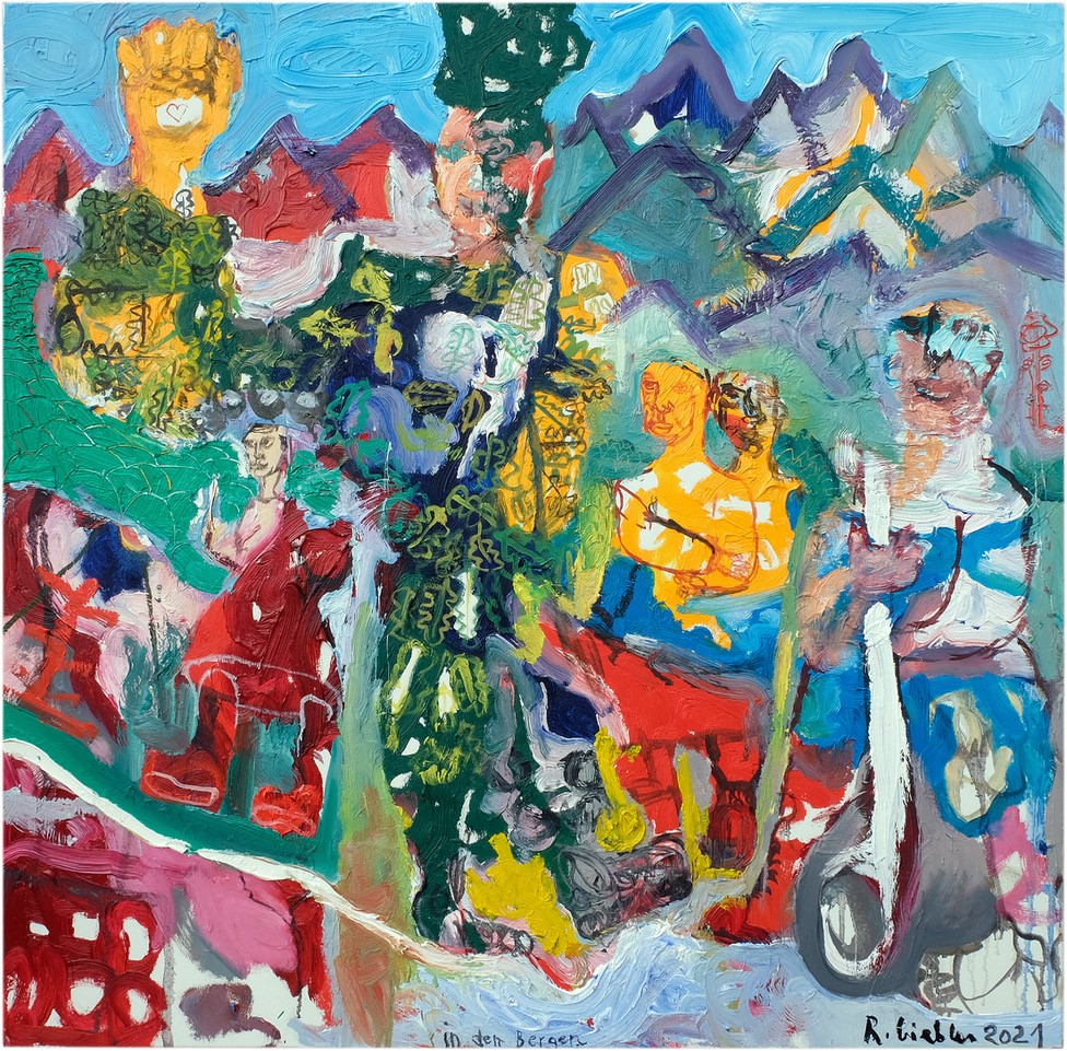 Rüdiger Giebler, In den Bergen, 2021, Ölfarbe auf Leinwand, 100 x 100 cm         verkauft