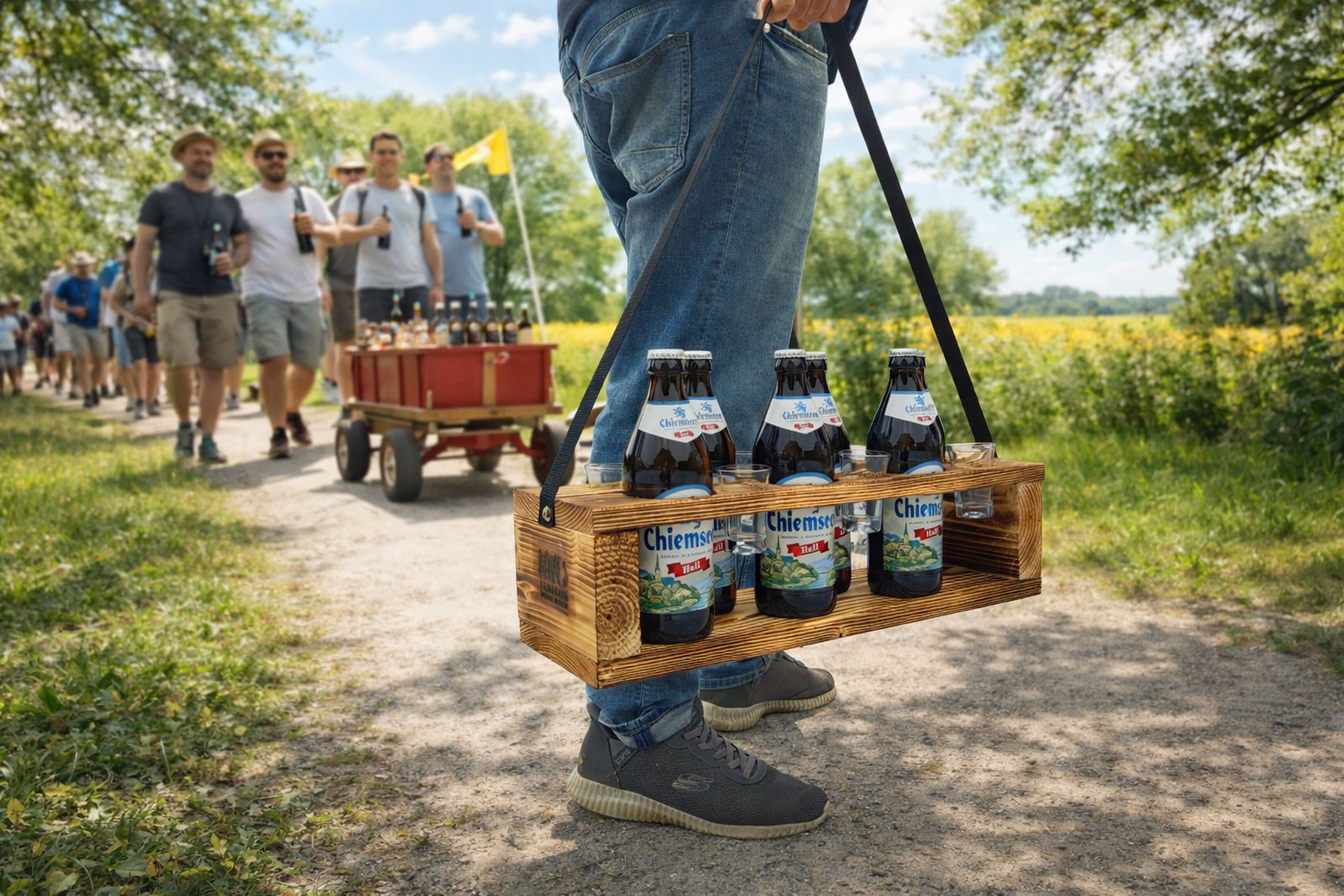 Bierträger aus Holz mit 6 Bierflaschen und 6 Schnapsgläsern auf Holztisch im Biergartenstil