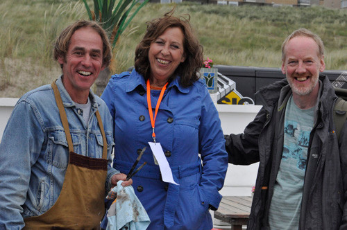 Tony Robinson with artists Rob Jacobs and Carola Schapels in Noordwijk, Holland. June 2014