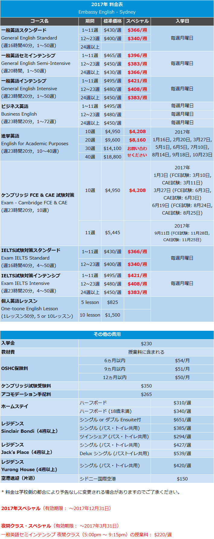 Embassy English - Sydney 2017年2～3月料金表