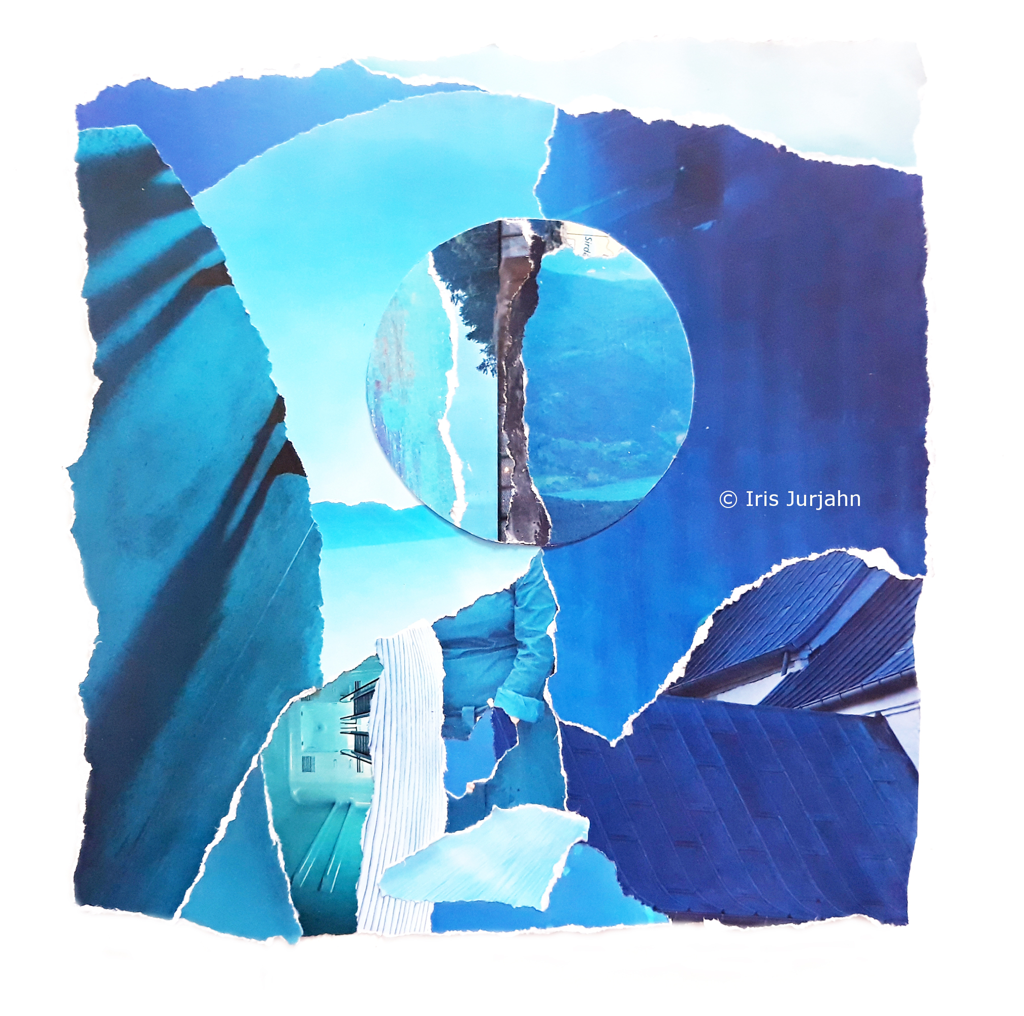 Blue escape, Papiercollage, 26 x 32 cm  (inkl. Objektrahmen), 2019