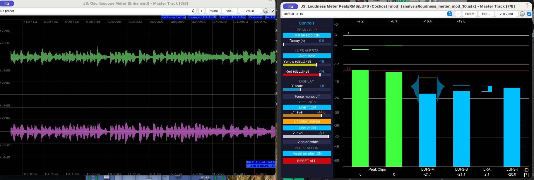 Oscilloscopio JS e il Meter JS di Reaper usati per creare anche un html per Chrome