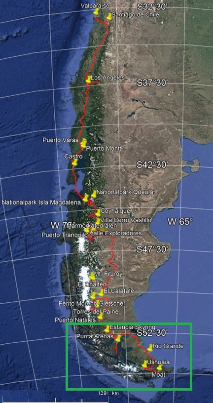 Karte der gesamten Patagonienreise, grün: Exkursion (Kapitel I)