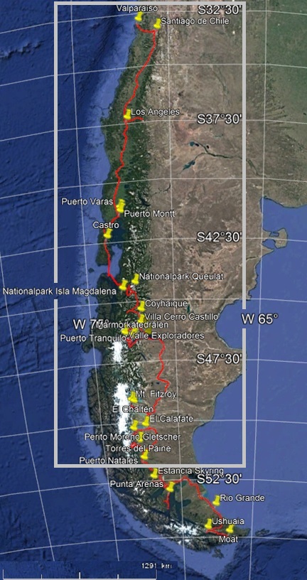 Karte der gesamten Patagonienreise, grau: eigene Exkursion (Kapitel II)
