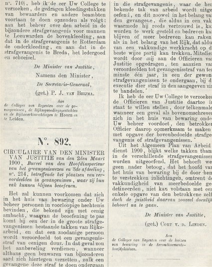 Circulaire uit verzameling wetten besluiten en voorschriften van het Gevangeniswezen 1900- 1909