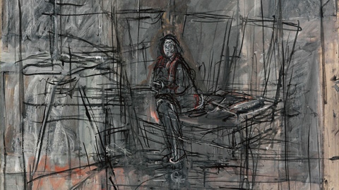 Alberto Giacometti.Isabel en el estudio 1949.Óleo sobre lienzo 105x87cm.Musée D´Orsay, Paris. El autor hizo un esfuerzo desesperado por liberarse del laberinto y de los trazos en los que enjaulaba a sus modelos,gamas grisáceas para situarla en un marco.