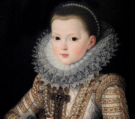 Juan Pantoja de la Cruz pinta a la Infanta Doña Ana de Austria en 1607, primogénita de Felipe III, futura mujer de Luis XIII de Francia y futura madre de Luis XIV. Fue reina regente de Francia con el cardenal Mazarino.