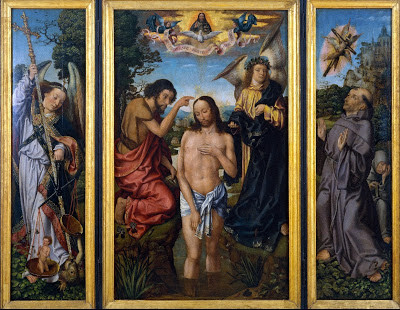 Tríptico del Bautismo de Cristo.Maestro de Fráncfort,1500.Óleo y dorado con pan de oro sobre tabla.168x213cm.Museo Nacional de Arte de Cataluña, Barcelona.España.A la izquierda el pesaje de las almas de S.Gabriel y la izq. la estigmatización S.Frnco Asis.