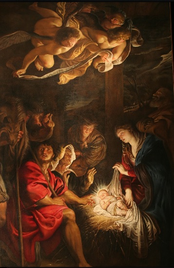 Rubens La adoración de los pastores. Óleo sobre tabla transferido.63x47cm.San Petersburgo.Hermitage Museum. La composición recuerda mucho a la de Caravaggio donde un niño irradia luz por si solo.