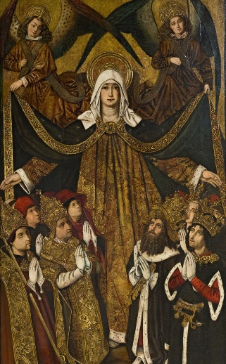 Tabla de conífera de la Virgen de la Misericordia,Grand Rapids Art Museum,Michigan.Procede del retablo de la capilla de los Lobera, ricos comerciantes asentados en Zaragoza donde se veneraba la Virgen del Pilar a orillas del Ebro.